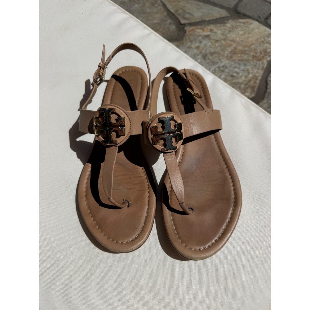 Tory Burch Claire Slingback Thong Sandals Tan Leather Gold Logo Size 9